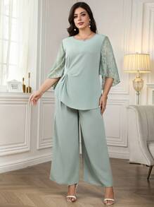 Reflora 加大码扭纹蕾丝拼布袖上衣和裤子两件套 - 綠色 - 查看 5