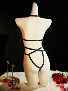 SpicyHot Hollow Out Chest Zipper Metal Chain Traction PU Patchwork Shiny Criss-Cross Open Crotch Punk Cyber Sexy Charming Women Bodysuits, Going Out - Black - View 2