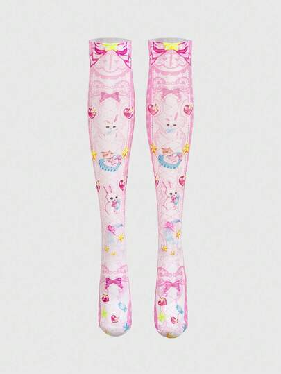 Anime 1 Paar niedliche Anime-Kaninchen & Katzen Element Knie-Socken, süße Cartoon Harajuku Socken, vielseitige Schul-Stil Damen-Socken