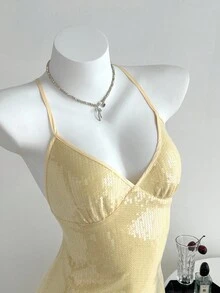 SHEIN Unity 1 chiếc Đầm dự tiệc cưới thanh lịch hở lưng màu vàng kem lấp lánh dành cho nữ, cổ thấp, dây buộc, dự tiệc cưới, mùa thu - Màu vàng - Xem 4