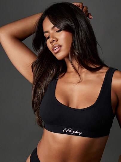Missguided x Playboy Sujetador deportivo de mujer, top corto de modal suave y elástico, ropa interior sin aros con cuello de pico, mezcla de algodón para comodidad