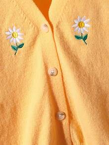 Fashionable Daisy Embroidered Knit Sweater Jacket, Soft Yellow Autumn Tween Girl Cardigan, Cute Holiday Back-To-School Button Up Fall Sweaters - Orange - View 3