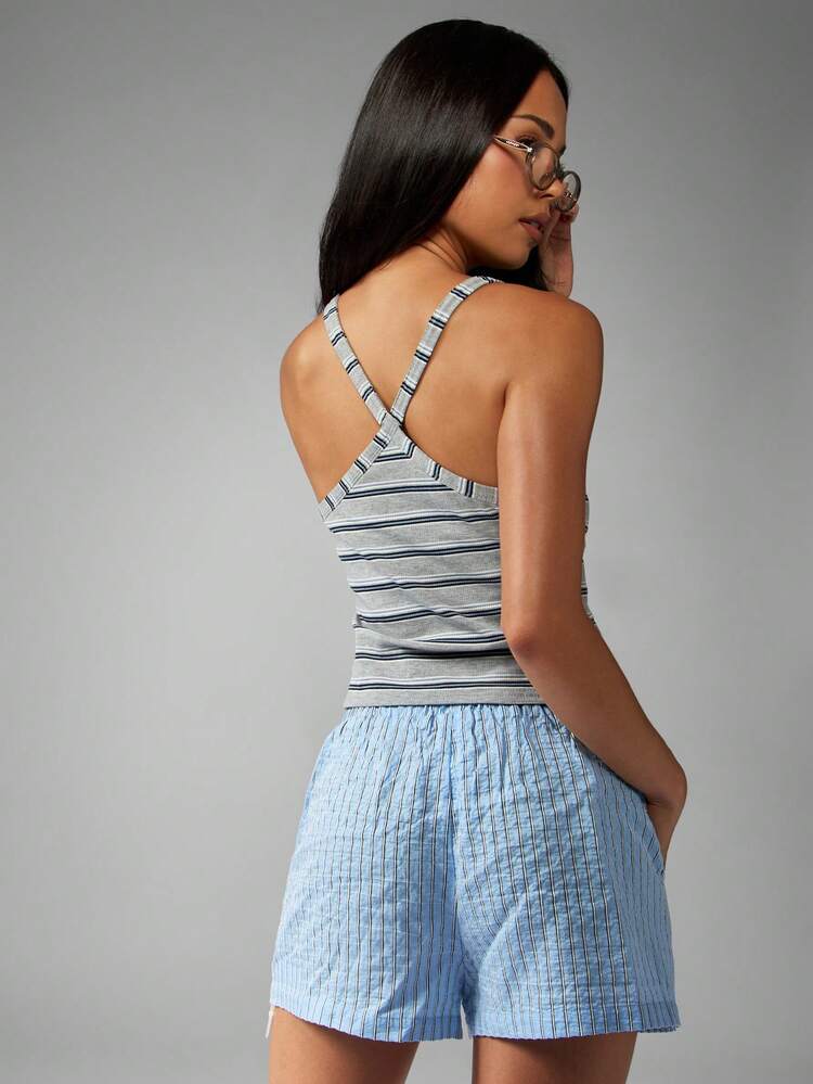 MISSGUIDED Striped Ribbed Crop Tank Top Sleeveless Summer Casual Basic Racerback Fitted Cami Crossback Design Slim Fit Loungewear Beach Vacation Essential