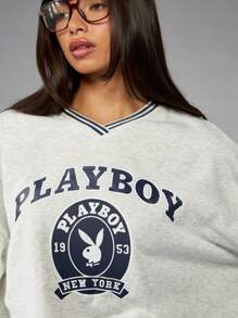 Missguided x Playboy 复古大学风格纽约图案印花运动衫，腰部抽绳，莱特曼学院风秋冬时尚弹性下摆 - 淺灰色 - 查看 4