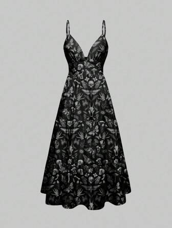 Gothic Dark Horror Mysterious Plant Mushroom Skull Moth Print Women's Dress