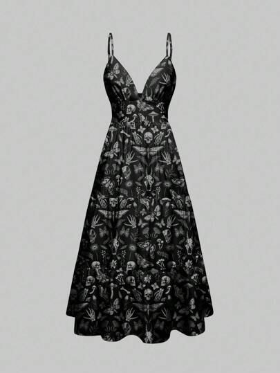 Goth Gothic Dark Horror Mysterious Plant Mushroom Skull Moth Print Women's Dress