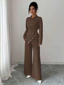 Modelyn 2件套女士梭织领长袖系带有机棉修身套装 - 棕色 - 查看 3