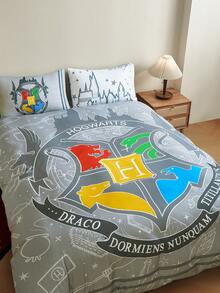 HARRY POTTER X SHEIN 3pc Animal Badge & Letter Print Reversible Duvet Cover Set, Suitable For Single Bed/Double Bed/Queen Bed/King Bed, Dormitory/Home - Grey - View 2