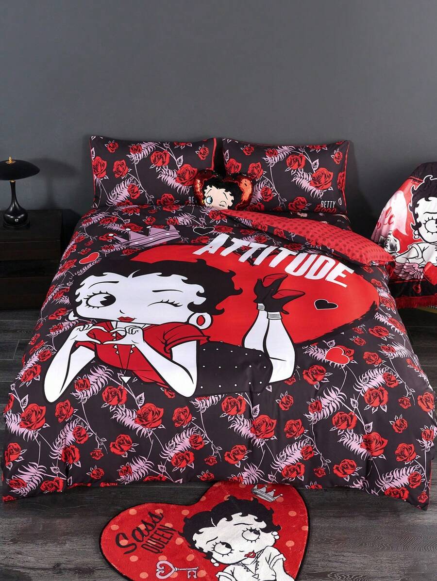 Betty Boop x SHEIN 3件套双面字母和数字图案被套，适用于单人床/双人床/大号床/特大号床，宿舍/家居，礼品之选，派对，节日，情人节