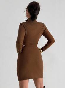 Aidyla Women's Knitted Faux Cashmere Turtleneck Long Sleeve Full Zip Sexy Mini Dress Autumn Brown Zip Up Dress Fall Cloth For Women Streetwear - Brown - View 2