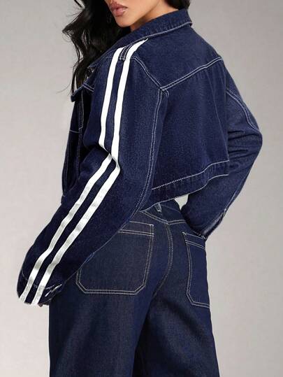 SHEIN Chaqueta de manga larga con cuello vuelto, de ajuste holgado, en denim azul oscuro con costuras de contraste, para adolescentes