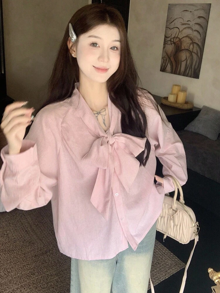 Women's Korean Style Striped Bowknot Long Sleeve Blouse, Spring/Autumn