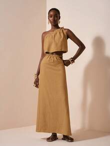 Zivah Conjunto de 2 piezas de top corto sin mangas con lazo y falda recta suelta con cintura asimétrica, material de fibra de bambú, color albaricoque, nuevo lanzamiento de verano 2025 para Día de la Madre, boda, fiesta de cumpleaños, casual, vacaciones, estilo callejero, elegante, oficina