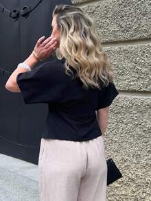 Jeta Ari Elegant Flared Sleeve Double-Breasted Cardigan, Solid White Simple Casual Shirt - Black - View 2