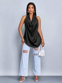 SOLERSUN Spring And Summer Women's Wear Leisure Vacation Apricot Glossy Fabric Deep V Neck Halter Straps Swing Neck Curved Hem Backless Straps Woven Fabric Vest - Black - View 7