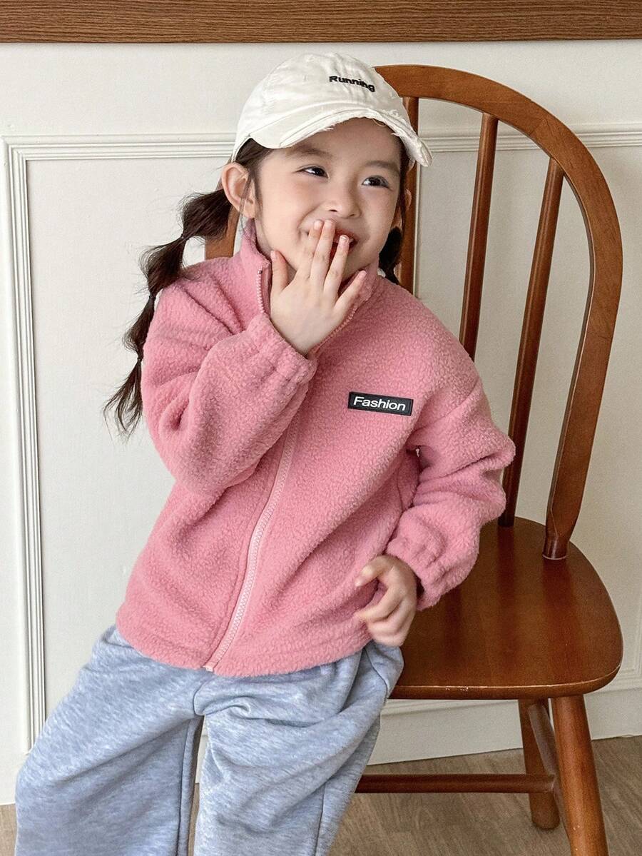 Genkimix Kids Young Girl' Cute Letter Decor Solid Color Jacket - Pink - View 1