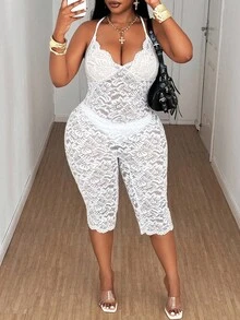Maweii Plus Size Sexy Sheer Lace Backless Halter Bodysuit, Summer - Beige - View 4