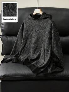 Manfinity EMRG 年轻男士哥特式连帽衫，宽松套头连帽运动衫，复古水洗面料，做旧效果，全身哥特式艺术刺绣设计，适合独特、艺术、街头风格，节日礼物男士刺绣连帽衫刺绣连帽衫男士连帽衫男士休闲连帽衫黑色连帽衫 - 黑色 - 查看 3