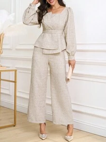 SHEIN Ellevyn 女士方领不对称下摆亚麻质感长袖上衣和直筒裤两件套，收腰显瘦，优雅休闲，适合春夏秋季穿着。 - 卡其色 - 查看 2