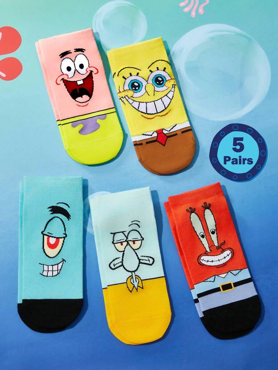 SpongeBob SquarePants | SHEIN 5 双柔软透气吸湿排汗休闲女士踝袜，带有 & & Squidward & Krusty Krab 时尚可爱的彩色短袜，加固脚趾和脚跟，经久耐用，男女通用，四季百搭，夏季冬季 - 彩色 - 查看 1