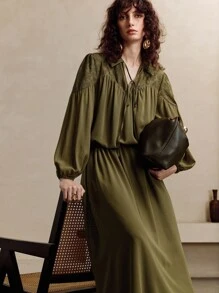 Revavyn 女式提花拼接长款宽松休闲连衣裙 - 軍綠色 - 查看 1