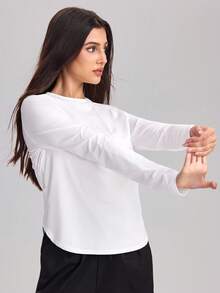 SHEIN Sports 女士圆领几何拼接网眼长袖运动T恤 - 白色 - 查看 5