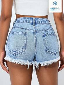SHEIN PETITE Summer Casual Washed Distressed Denim Shorts - Light Wash - View 2