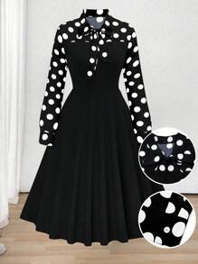 加大码优雅波尔卡圆点印花结饰拼接连衣裙，秋季长款女装 - 彩色 - 查看 1