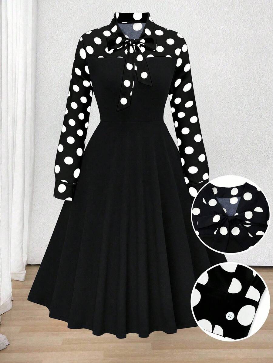 加大码优雅波尔卡圆点印花结饰拼接连衣裙，秋季长款女装 - 彩色 - 查看 1