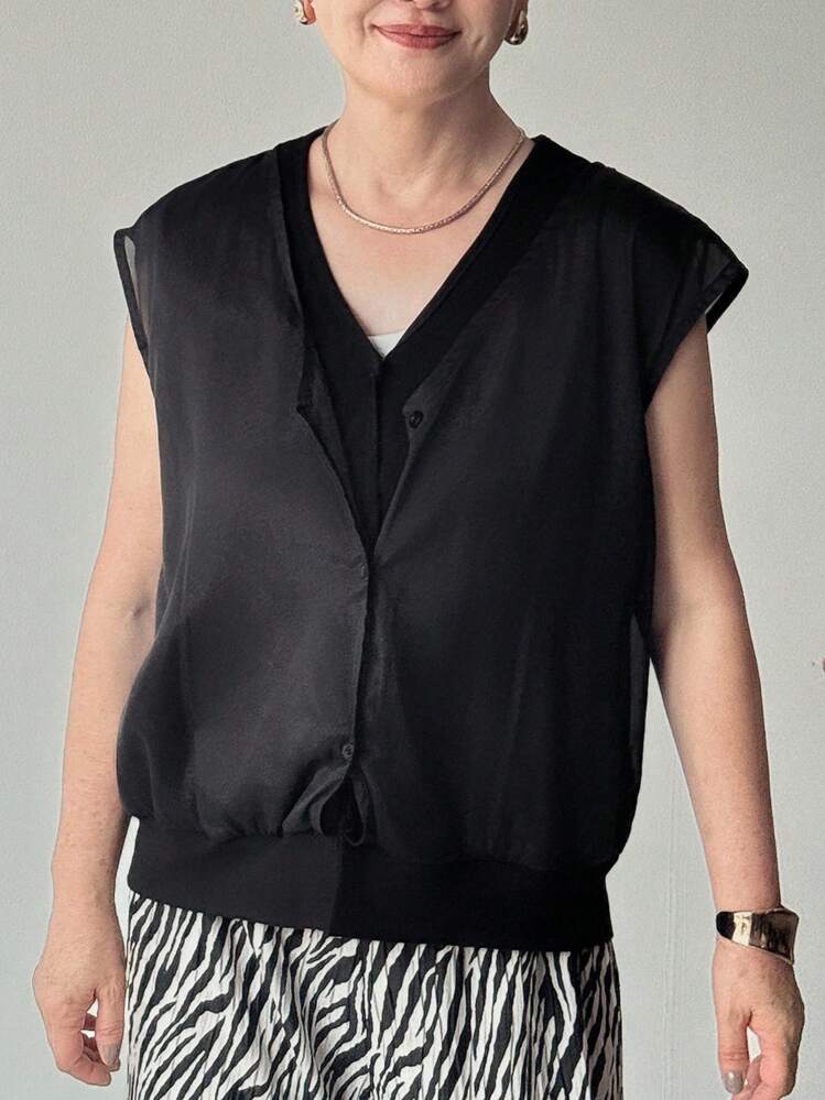 FRIFUL 女式V领网眼拼布宽松无袖背心衬衫，秋季 - 黑色 - 查看 6