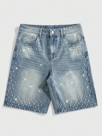ROMWE MEN Street Life Shorts vaqueros holgados para hombre con perlas y diamantes decorados