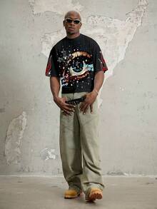 Manfinity EMRG High Quality Oversized Cropped T-Shirt With Rhinestone Cross Graphic - Black - View 5