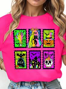 EMERY ROSE 大码女式万圣节蝙蝠骷髅图案休闲圆领落肩 T 恤，街头风格和度假氛围 - 玫紅色 - 查看 3