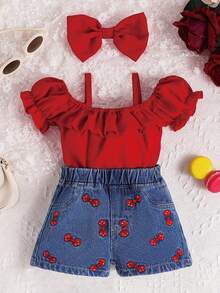 SHEIN Playful Pals Baby Girl Cold Shoulder Ruffle Trim Top & Bow Embroidery Denim Shorts & Headband