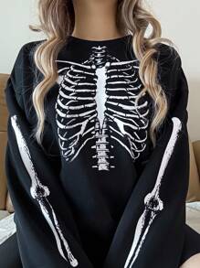 INAWLY 时尚骷髅印花圆领卫衣，秋冬 - 黑色 - 查看 1