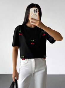 SHEIN Maglietta a tinta unita con dettagli di ciliegie