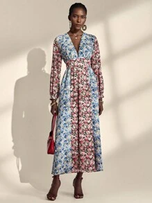 Almamuse 女式优雅花卉拼布长袖褶饰腰连衣裙 - 彩色 - 查看 3