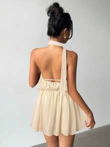 Aloruh Váy ngắn hở lưng họa tiết hoa 3D thanh lịch dành cho nữ, mùa hè - Màu be - Xem 2