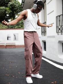 Manfinity Homme 男士休闲翻盖口袋侧边工装牛仔裤 - 棕色 - 查看 3