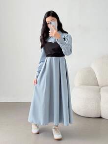 Tween Girls Casual Korean Style 2 In 1 Dress, Suitable For Daily Wear And School - Blue - View 8
