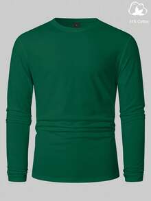 Manfinity Homme 男士休闲纯色长袖T恤，适合春秋季节穿着，绿色T恤，男士绿色上衣，棉质长袖男士全袖T恤，长袖T恤，秋季 - 墨綠色 - 查看 3