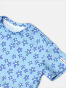 SUMWON Floral Print Summer Crop T-Shirt Co-Ord Set With Matching Shorts Cute Daisy Pattern Girls Holiday Festival Beach Vacation Two Piece Outfit - Blue - View 5