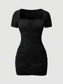 SHEIN ChillGRL Black Sweet & Spicy Style Fitted Short Sleeve Snug Fit Mini Dress With Ruched Collar, Casual Fashion Summer Dress For Teenage Girls - Black - View 1