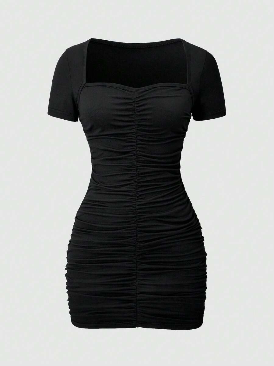 SHEIN ChillGRL Black Sweet & Spicy Style Fitted Short Sleeve Snug Fit Mini Dress With Ruched Collar, Casual Fashion Summer Dress For Teenage Girls - Black - View 1