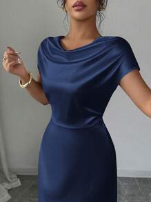 Rafferiza Women's Elegant Date/Commute Turtleneck Tie-Up Satin Short Sleeve Dress - Blue - View 3