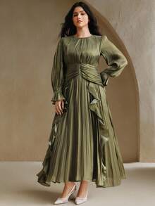 Anewsta 大码女式长裙，深绿色亮面面料，褶皱腰身，双层荷叶边下摆，泡泡袖长裙，优雅百搭的礼服 - 橄欖綠 - 查看 5