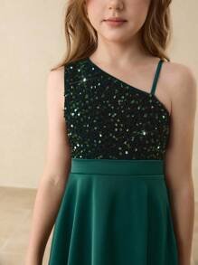 Elegantes Blumenkleid für Tween Mädchen für Abschluss, Hochzeit, Ball, tiefgrünes Satinkleid mit Pailletten, einschultrig, ärmellos, Midi-Länge für Halloween, Weihnachten, Party, Mädchen Asymmetrischer Saum, aufgeblähter Rock Prinzessinnenkleid für Schulanfang - Dunkelgrün - Übersicht 4