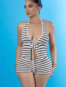 Melissa Matos 2件套低胸系带超低腰条纹迷你短裤 - 黑與白 - 查看 4