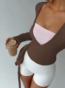 FavEase Suéter corto envolvente de yoga, fitness y deportes de color rosa, cárdigan de cuello en V de manga larga, elástico y suave, minimalista y elegante, una prenda básica de armario a juego para mujer, para primavera y otoño - Marrón - Ver 3