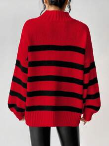 SHEIN LUNE Casual Colorblock Striped Stand Collar Sweater, Autumn/Winter Fall Cloth For Women - Red - View 2